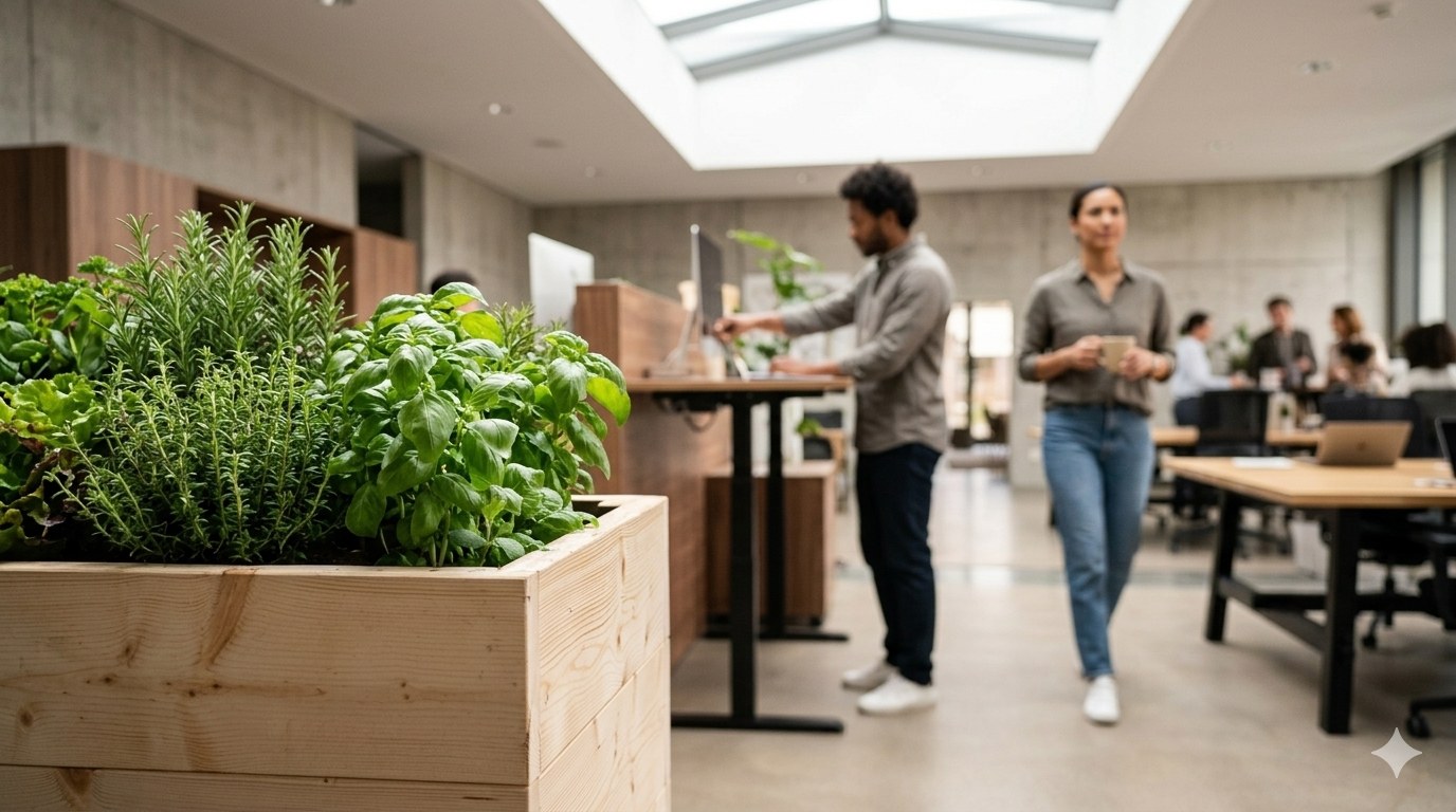 gfood planter in the open-plan office, lush herbs, two people working in soft-focus background
