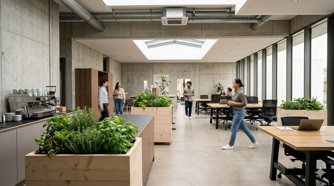Multiple gfood planters across different office zones