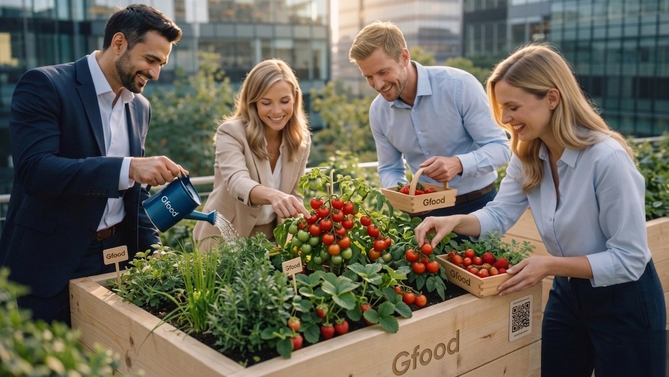 Company team harvesting from the gfood Garden Food Box on a rooftop terrace — ripe tomatoes, strawberries, herbs, watering can, harvest basket