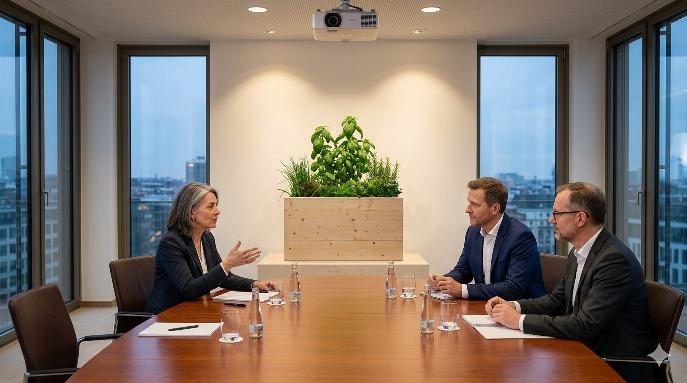 Boardroom with the gfood planter beautifully presented on a pedestal, three executives seated mid-discussion