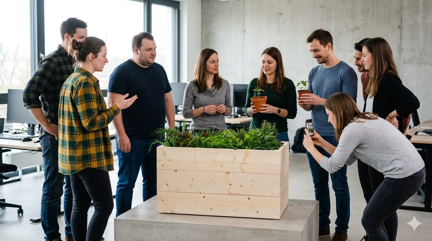 Office team gathered around the gfood planter, holding herb seedlings, a woman taking a phone photo