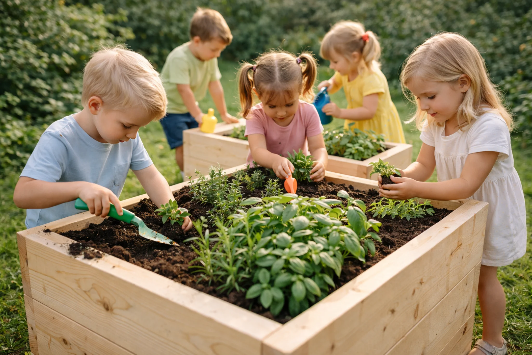 Children planting together in wooden gfood garden boxes — full engagement, kindergarten garden in natural surroundings