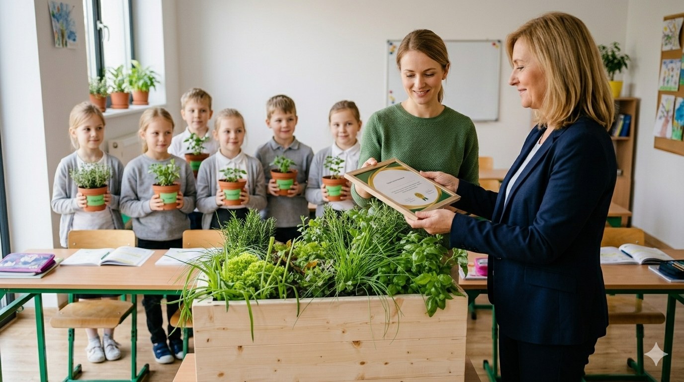 School principal handing certificate to teacher next to gfood planter, students with herb pots in background