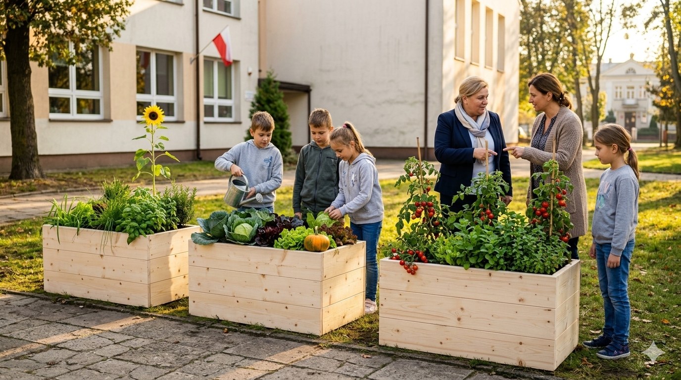 Wide angle of the gfood planter in a public garden setting — comprehensive school and council deployment model