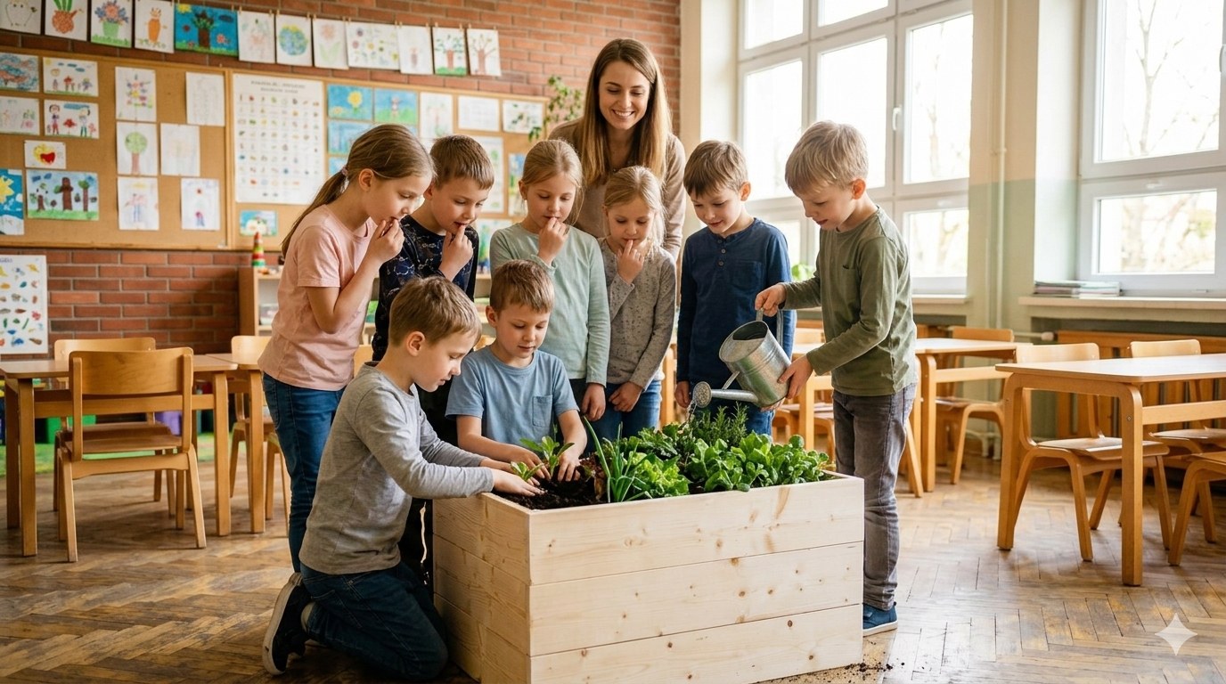 Polish primary school class with gfood — 8 pupils around a wooden herb planter, one boy planting seedlings, another watering, teacher smiling while observing engaged children
