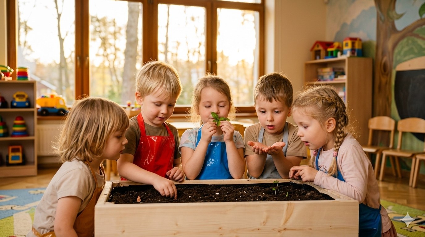 Five preschoolers around the gfood planter, one smelling basil with closed eyes, another pressing a seed into soil