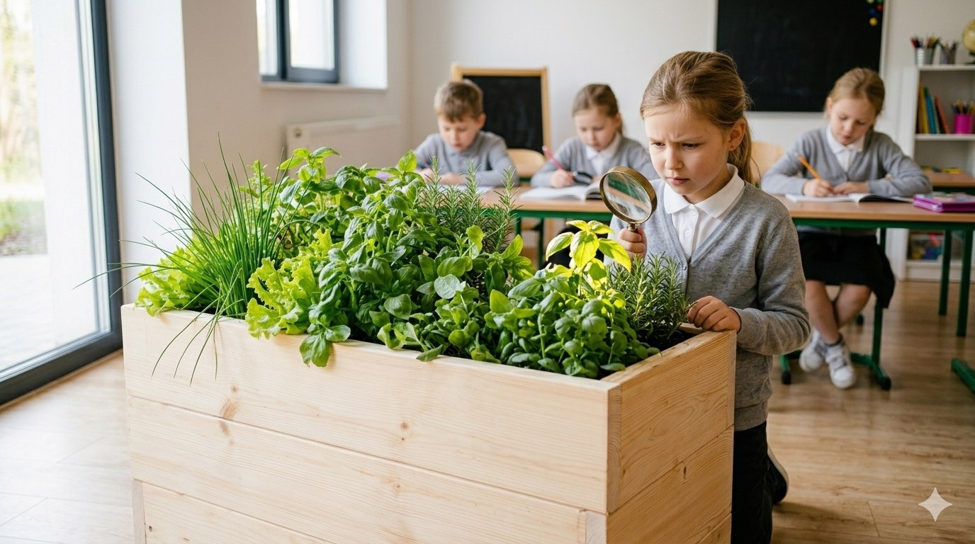 gfood school student examining basil leaf with magnifying glass, classmates working at desks